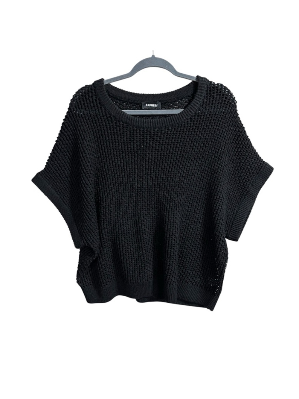 Express Black Open Knit Sweater Poncho Boxy Short Sleeve Chunky Knit Top